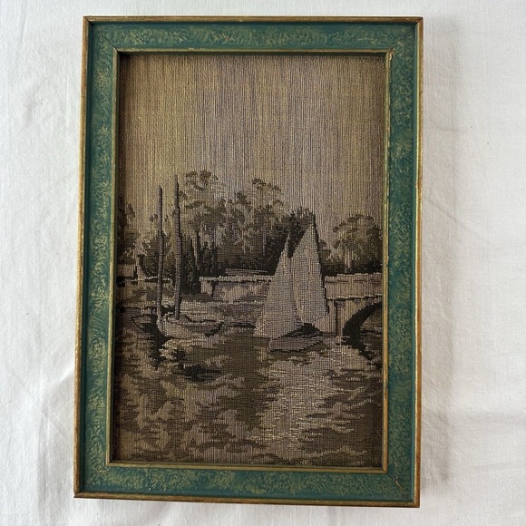 Antique La France Art Company Jacquard Framed Tapestry Bridge & Sail Boats 1920s